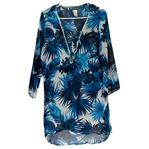 Tommy Bahama women’s sheer tunic beach swim coverup, blue floral pattern, Small
